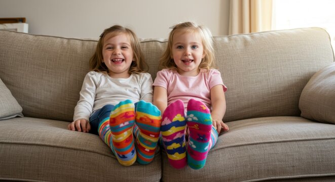 Two cheerful young girls wearing colorful socks sitting on a cozy couch in their living room
