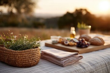 Sunset picnic scene featuring artisan bread, fresh herbs, and co