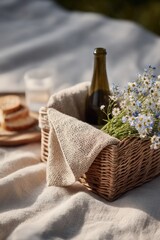 Charming picnic basket filled with flowers, drinks, and snacks o