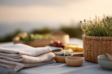 Elegant picnic setup featuring natural textiles, artisanal foods