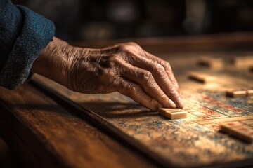 weathered hand carefully places mahjong tiles on vintage board,