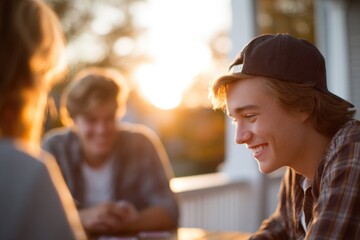Sunset light casts warm glow on friends enjoying classic game ni