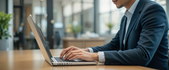 Close-up view of businessman typing on laptop in bright modern office environment with clean professional workspace creating productive corporate atmosphere and focused workflow
