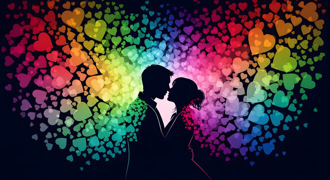 Romantic silhouettes embrace within a vibrant rainbow heart background.