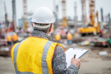 Civil engineer evaluates construction site operations during a cloudy day while ensuring safety and quality standards are met for the ongoing project