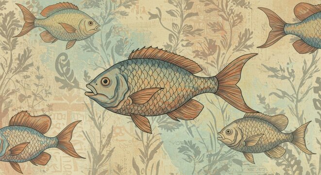 Vintage-inspired fish illustration with botanical background creating a unique artistic pattern