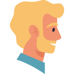 Profile of a cheerful man with blonde hair and a beard wearing a blue shirt against a clean white background