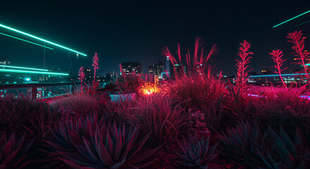 Vibrant Night Scene with Neon Lights and Lush Urban Garden
