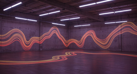 Colorful Light Waves on Industrial Wall in Empty Creative Space