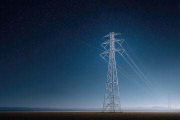 Tall power line tower stands against dark blue sky, emitting str