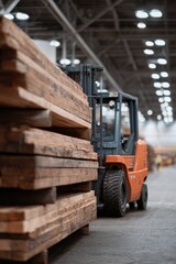 Forklift maneuvering between stacks of lumber in spacious wareho