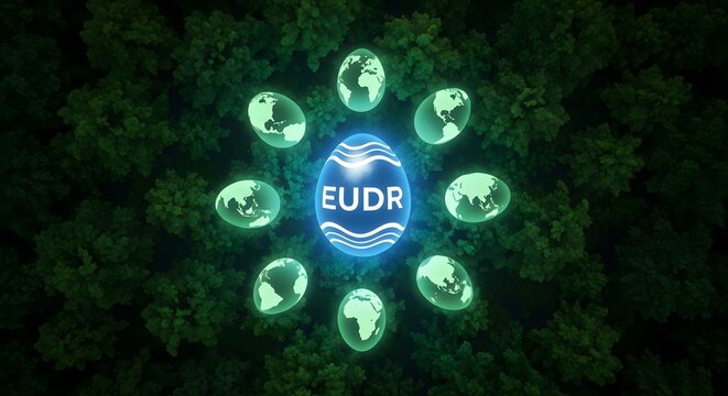 Eudr logo surrounded by earths on green background concept