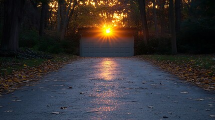 Golden sunset over garage with creating a serene, and autumn ambiance and welcoming view.