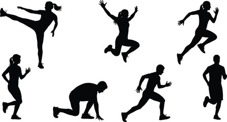 Athletic silhouette vector set, running and jumping poses, fitness motion icons, exercise illustration, black dynamic figure collection, sports action