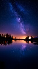 Night Sky Milky Way Over Calm Lake with Reflection in Nature Scene