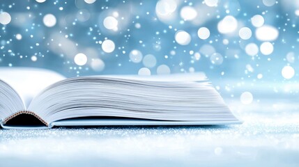 An open book with blank white pages rests on a glittering surface, set against a soft blue background with bokeh lights and falling snow.