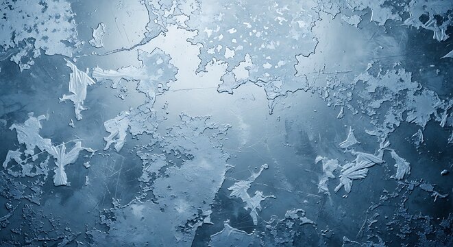 Close-up abstract texture of deep blue frozen ice, featuring a dramatic network of jagged white fractures