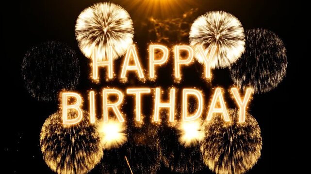 Spectacular fireworks display lights up the sky, revealing the joyful message Happy Birth during a vibrant celebration at night