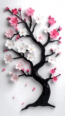 3D tree with pink/white paper flowers on white