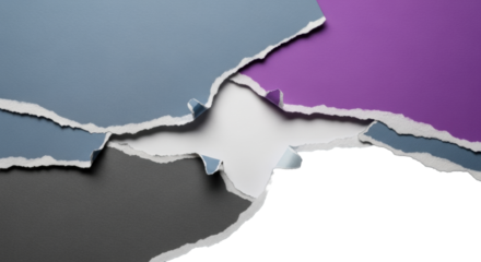 irregular, overlapping torn paper fragments in muted blue, dark grey, and vibrant purple revealing a bright white layer, minimalist studio, overhead. concept of unveiling insights and discovery