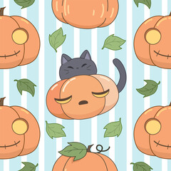 Cute pastel Halloween themed seamless pattern , Jack-o-lantern, black cat