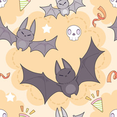 Cute pastel Halloween themed seamless pattern, Bat, Skull, Halloween Candy