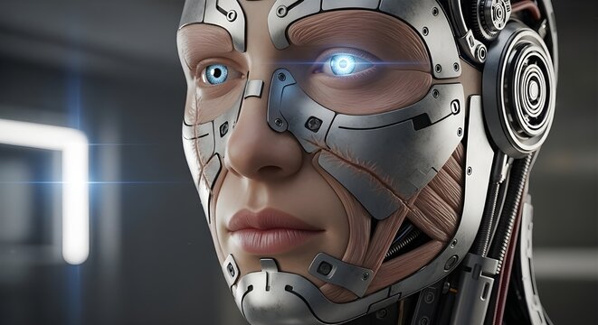 Advanced humanoid robot with metallic faceplate and glowing eye futuristic technology and artificial intelligence concept - Powered by Adobe