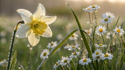 Daffodil and daisies with dewdrops in morning light