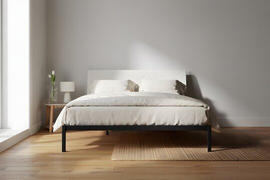 Minimalist bedroom interior with bed and side table showcasing modern design style