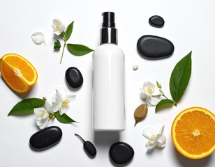 White bottle, flowers, orange, and stones on bright surface