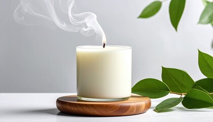Candle on wood plate; wispy smoke, leafy sprigs