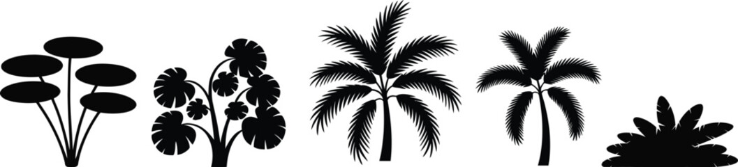 Obraz premium Tropical plant and palm tree silhouettes vector collection, diverse foliage shapes for design, natural themes, and exotic landscape assets.