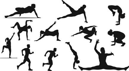 Fitness and gymnastics silhouette vector, athletic movement poses, exercise illustration set, black dynamic figure collection, body flexibility icons