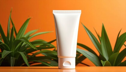 White tube between green plants against orange backdrop