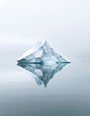 Reflective iceberg floating silently in calm, grey waters