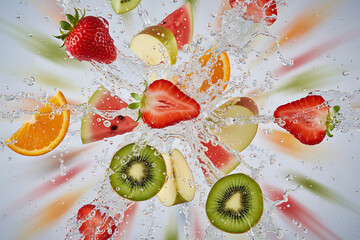 Assorted fruit slices splashing in water including strawberries kiwi orange and apple on white background
