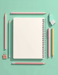 Notebook framed by pastel writing/art supplies