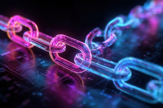 Glowing digital blockchain chain links shine in blue and purple colors against a dark background featuring circuit patterns