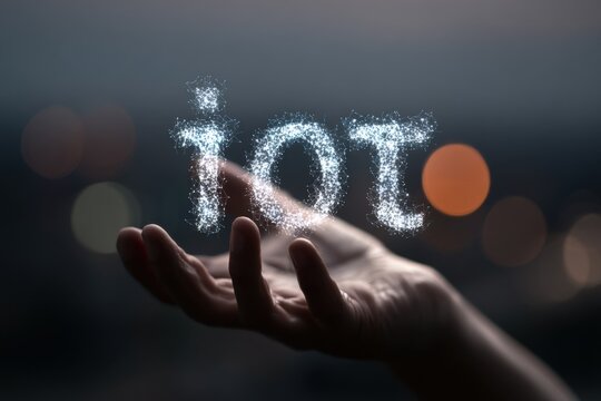 Hand displays a double exposure effect showing the concept of Internet of Things through artistic visualization