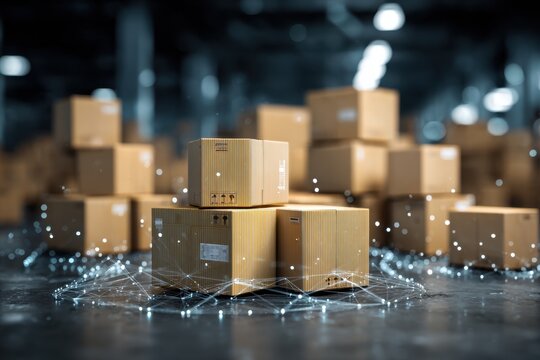 Digital inventory tracking system showcases modern logistics with organized packages in a warehouse environment during the day