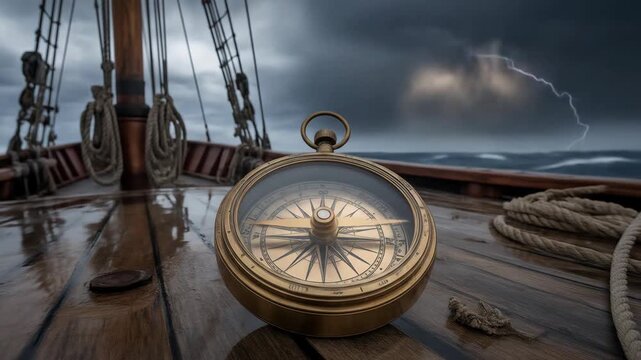 A vintage brass compass resting on the wooden deck of a sailing ship during a stormy day at sea