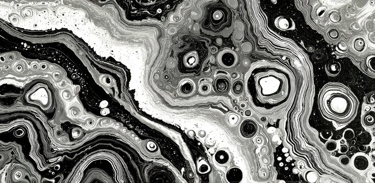 Grayscale abstract, organic cell-like shapes, fluid swirls