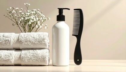 White bottle, comb, towels, and flowers on beige surface