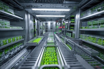 Long corridor of racks with green plants