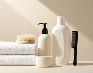 Bath supplies towels, bottles, brush, and comb