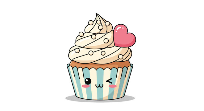 Sweet cartoon cupcake illustration with a charming winking face, striped wrapper, swirled cream frosting, decorative sprinkles, and a lovely pink heart.