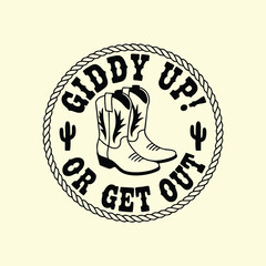 Rope Border Cowboy Logo, "Giddy Up" Western Typography Design, Rustic Cowboy Boots Emblem