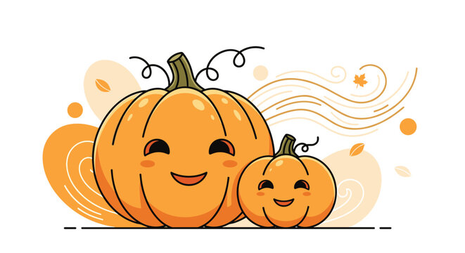 Sweet cartoon illustration of two happy pumpkins, a parent and child, smiling warmly amidst stylized autumn leaves and gentle wind swirls.