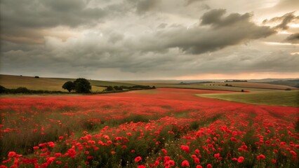 Fototapeta premium Poppy field landscape with cloudy sky