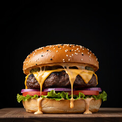 A close up shot of a burger with cheese dripping down the sides on a wooden surface against black